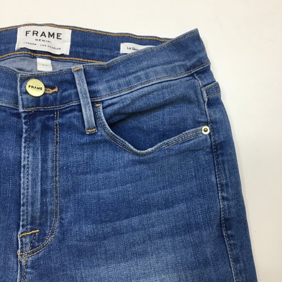 FRAME Denim 5Pocket Logo Button Beso Wash Le Skinny De Jeanne Raw Edge Hem Jeans - Picture 6 of 10